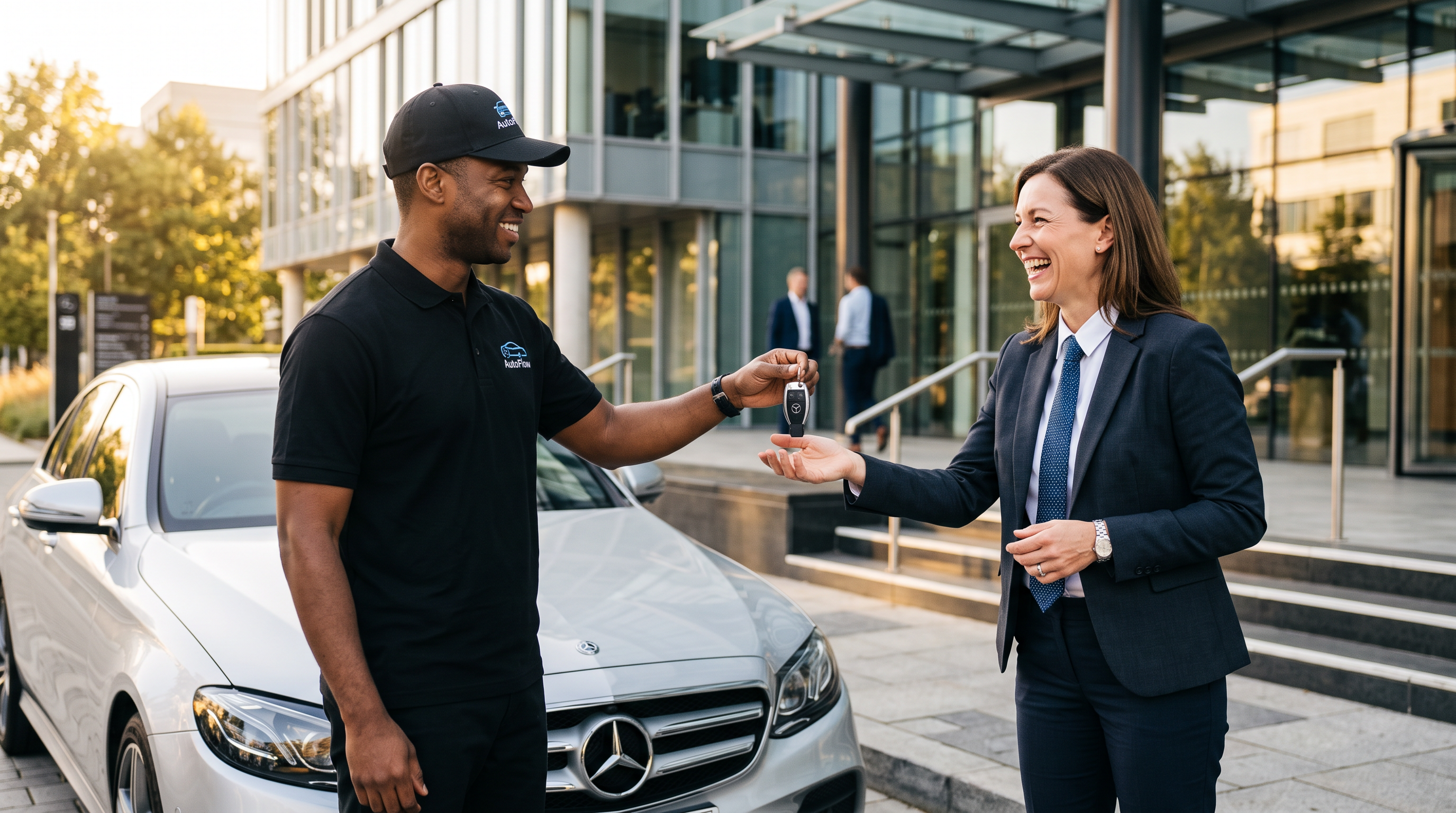 AutoFlow delivery driver handing car keys to a happy client at an office building