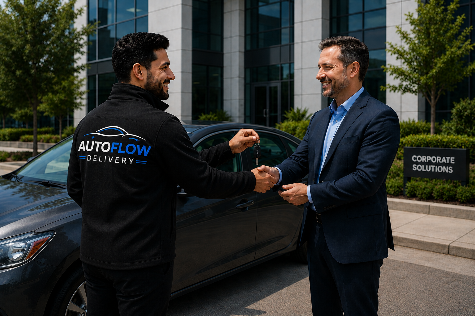 AutoFlow Delivery employee delivering a rental car directly to a customer at their corporate office