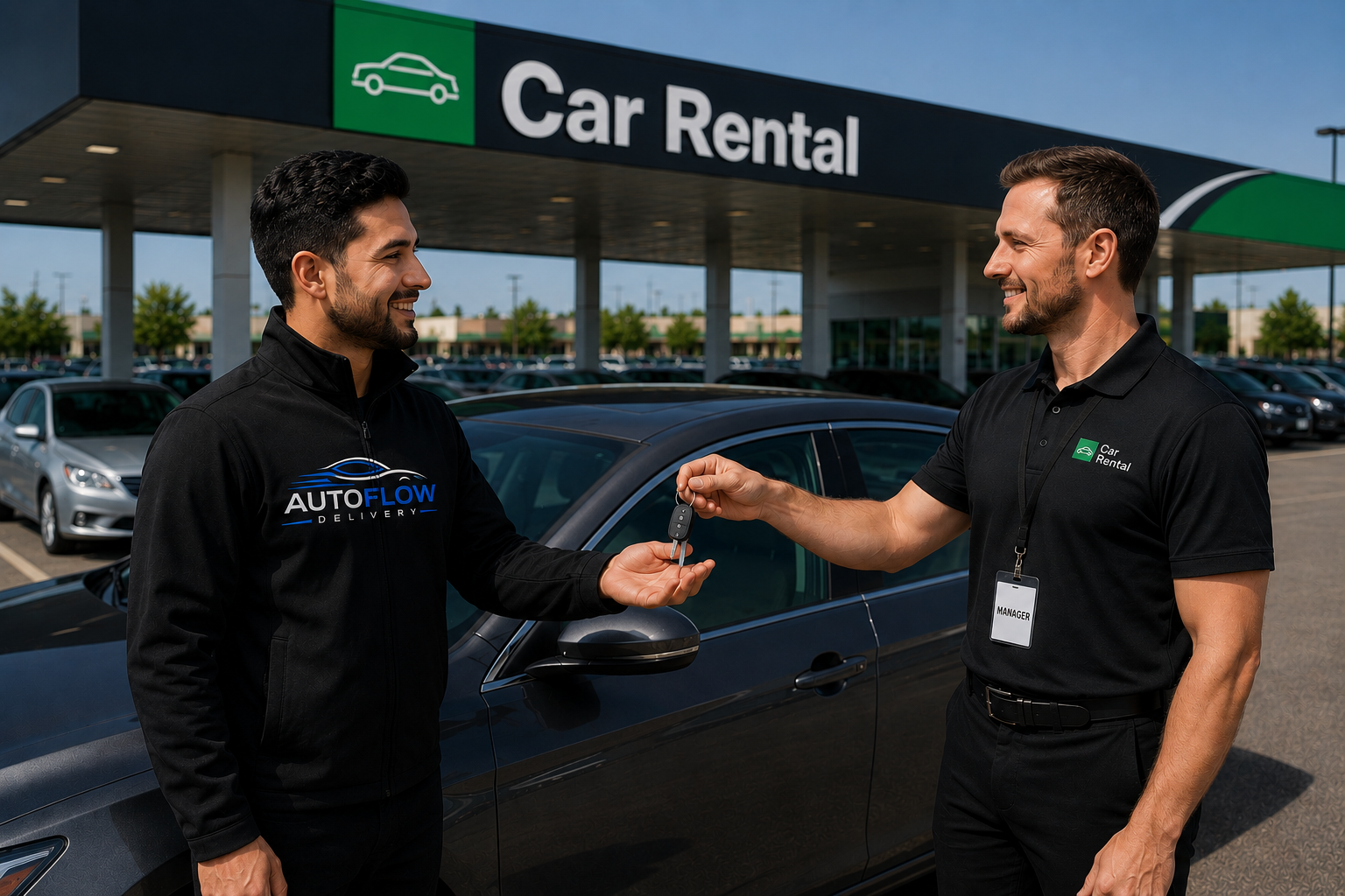AutoFlow Delivery employee picking up a vehicle from a car rental location — receiving keys from the rental manager