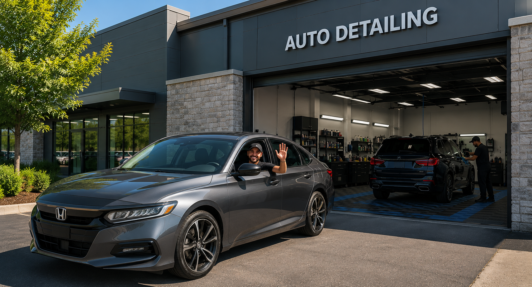 AutoFlow driver waving from a Honda Accord arriving at an auto detailing shop with BMW being serviced
